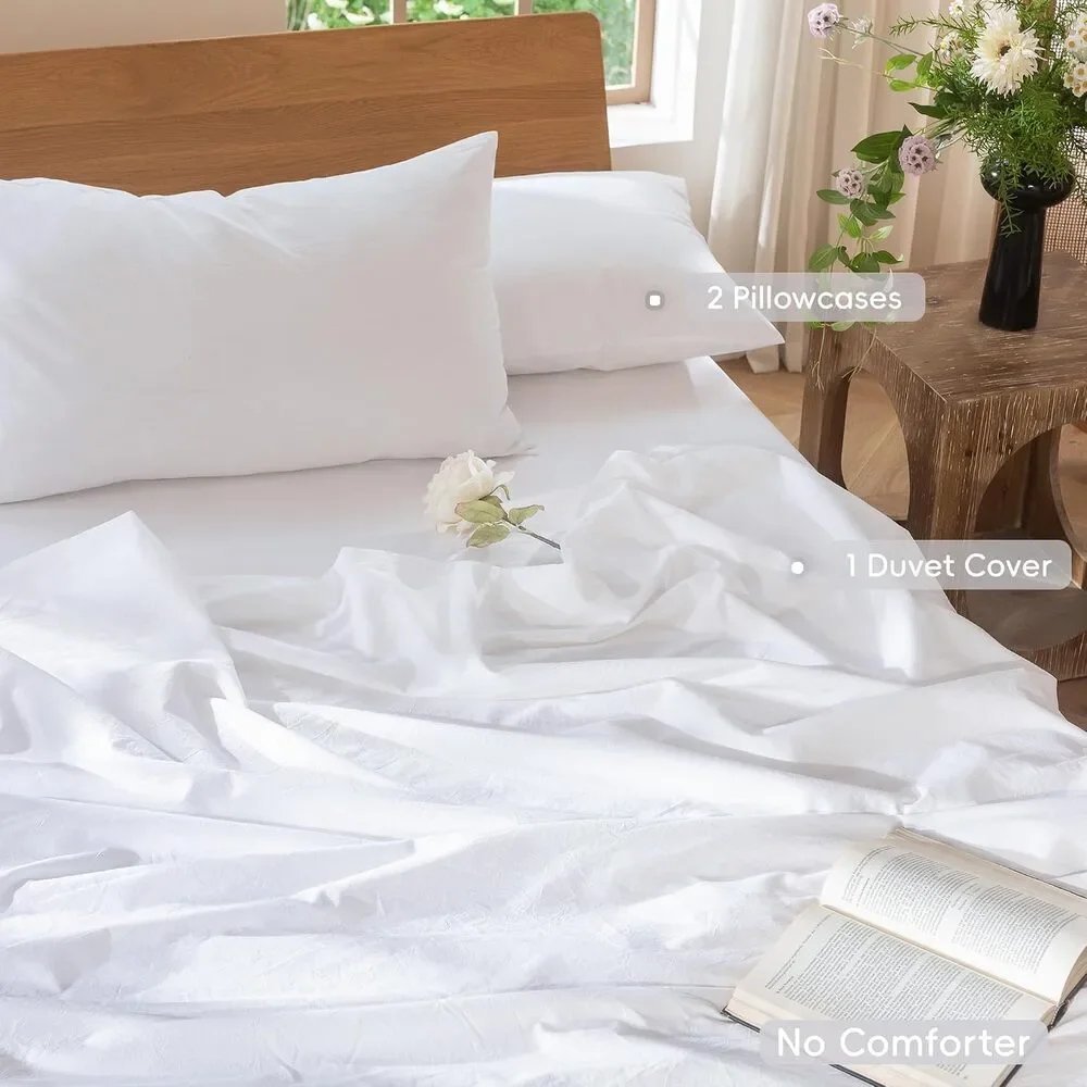 MooMee Full Duvet Cover Set White 100% Washed Cotton Linen Look 80x90